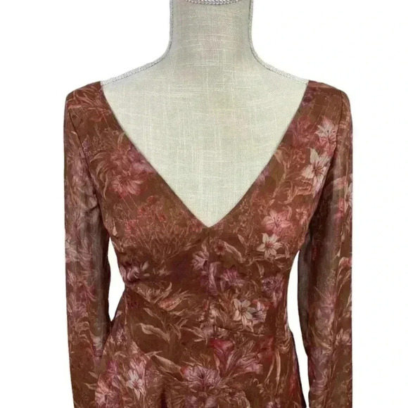 Marchesa Note Long Sleeve Asymmetric Chiffon Cocktail Dress in Rust Size 0 - Picture 4 of 13